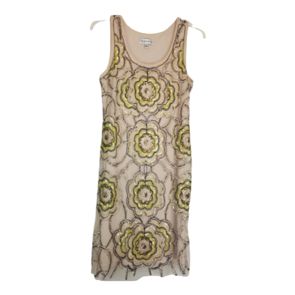 Neima Marcus Women Beaded Green Tan sleeveless knee length dress US Size 8